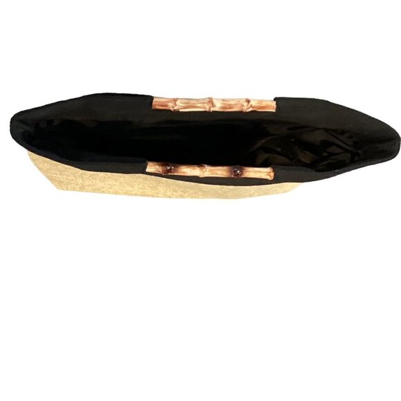 Donna Karan Cashmere Mist Tote Herringbone Straw & Black Canvas Bamboo 248E - Picture 3 of 4